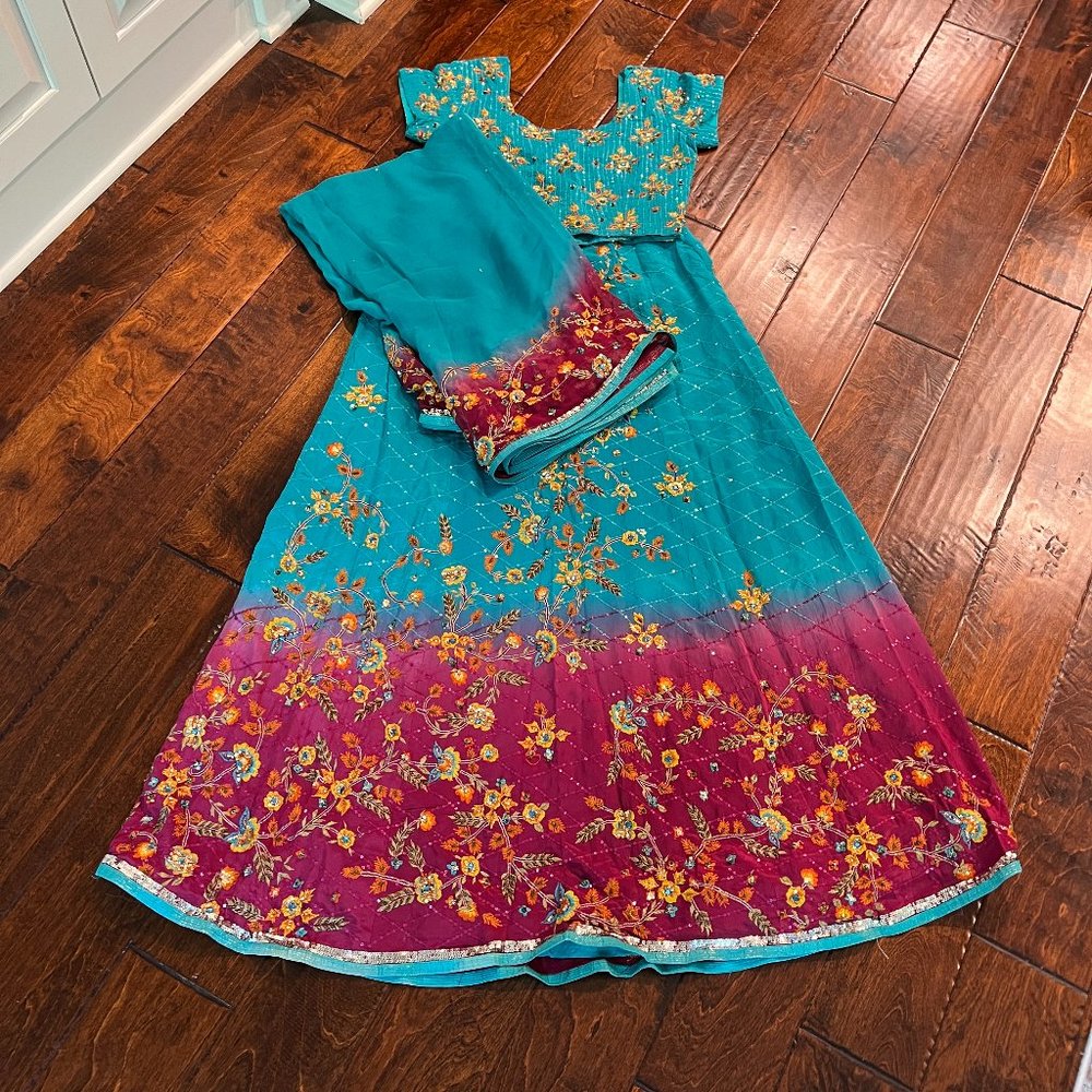 Lehenga Suit - Aqua / Maroon